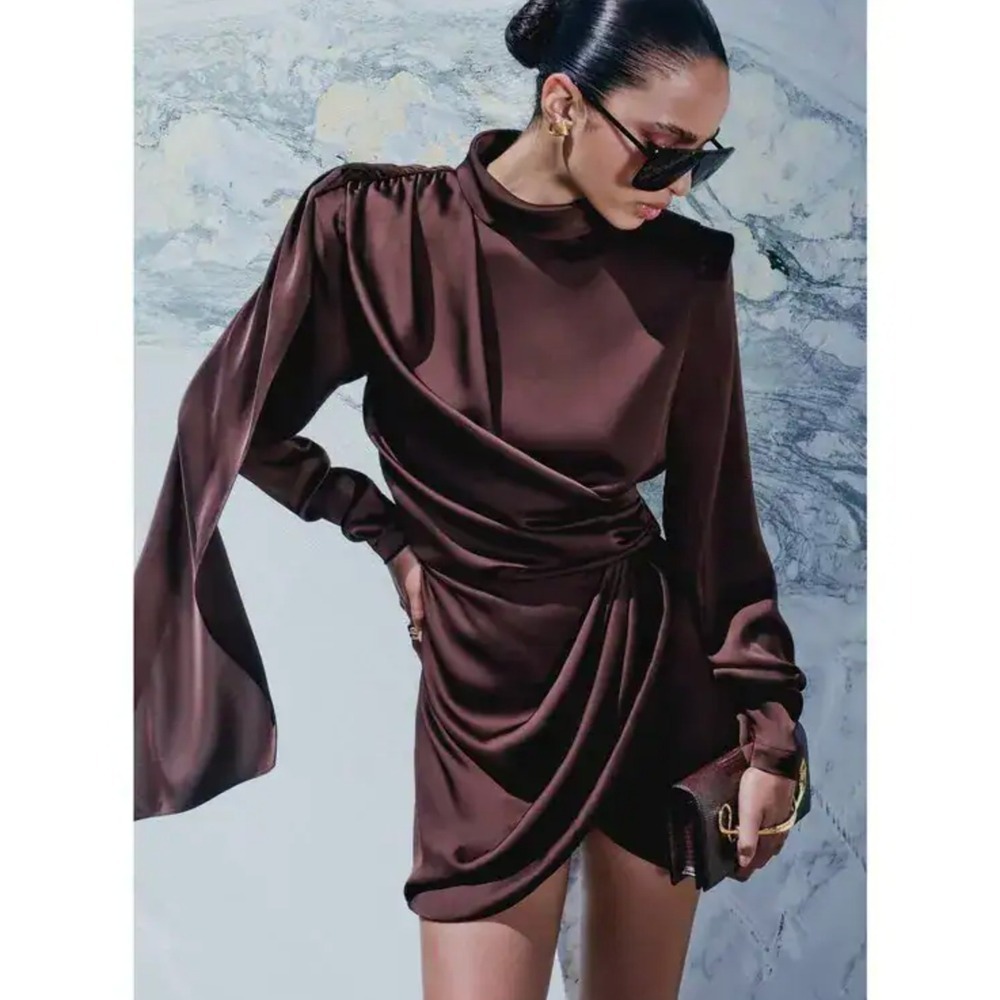 B53 Ronny Kobo Bianca Mini Dress M Choco Brown Draped Long Sleeve Cocktail